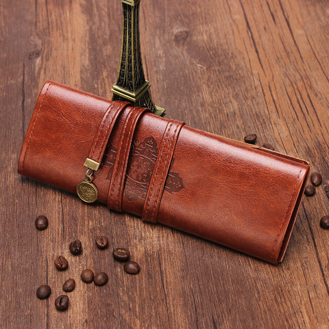 Vegan Vintage Style Leather Pen Pencil Cosmetic Make Up Brush Case